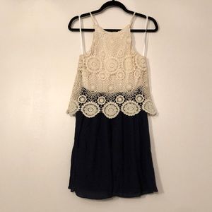 Juniors Navy and Ivory Crochet Overlay Dress